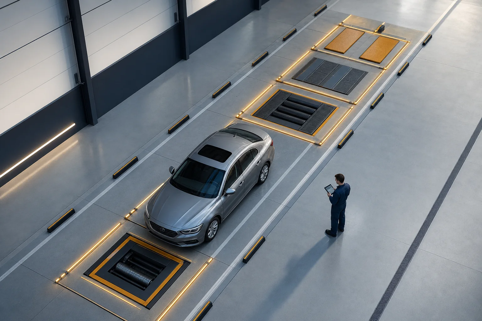 Автомобиль проходит последовательные этапы на одной диагностической линии